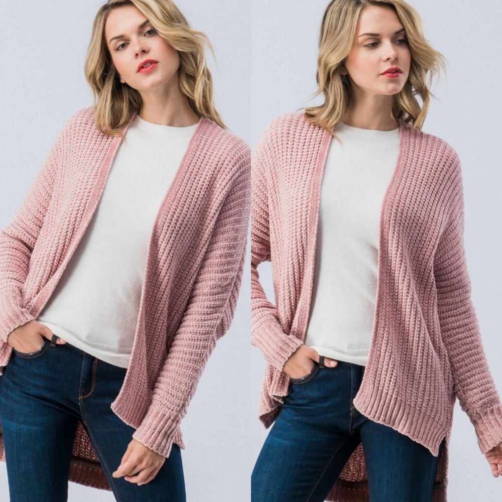 3 LEFT! Mauve chenille knit high-low cardigan - Picture 4 of 6